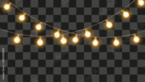 Realistic string lights garland illustration, warm yellow glowing incandescent bulbs, festive decoration elements banner