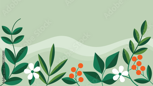 Minimalist green background with various leafy plant branches, white flowers, and orange berries creating a fresh border