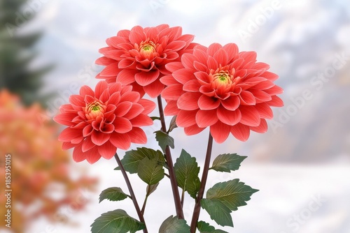 Coral Dahlias Against Snowy Mountain Background