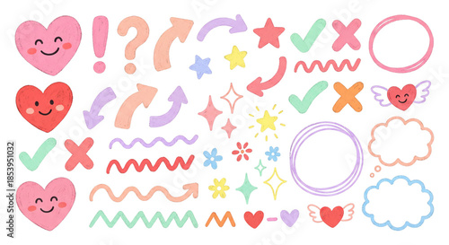 Cute pastel crayon drawing elements set on white background, Kawaii hearts arrows doodles and checkmarks collection, Hand drawn texture stickers for kids