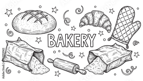 Whimsical hand-drawn illustration of a bakery scene featuring a loaf of bread, croissant, rolling pin, flour bags, and an oven mitt, perfect for food blogs and culinary designs.