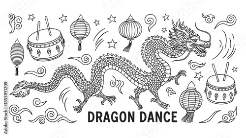 A festive black and white illustration of a traditional Chinese dragon dance, complete with lanterns and drums, evoking a sense of cultural celebration and energetic movement.