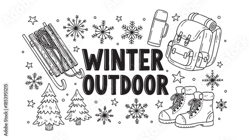A whimsical black and white illustration features essential winter outdoor gear like a sled, backpack, thermos, and boots, surrounded by festive snowflakes and stars.
