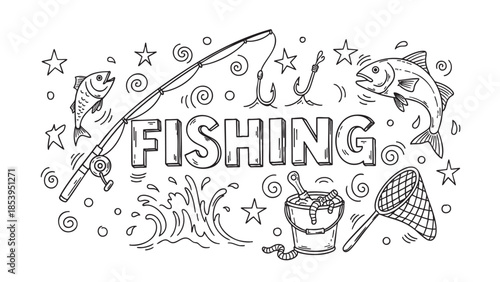 A playful black and white illustration featuring the word FISHING surrounded by whimsical elements like fish, a fishing rod, hooks, a bucket of worms, and a net, suitable for creative projects.