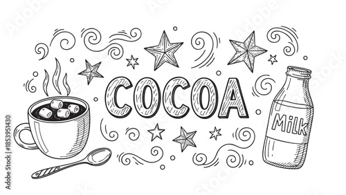 Whimsical hand-drawn illustration featuring a steaming mug of cocoa with marshmallows, a milk bottle, and decorative stars and swirls, perfect for festive or cozy themes.