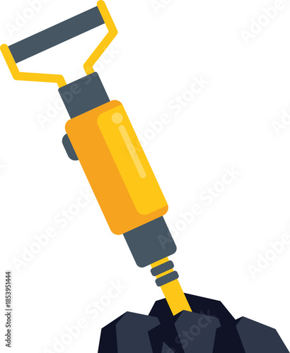 Yellow pneumatic drill breaking stones, construction tool for drilling, mining, and building