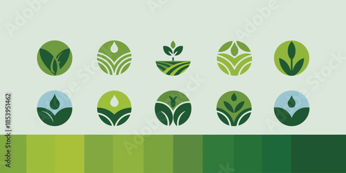 This visual displays a diverse set of green logos representing agriculture, growth, and environmental sustainability