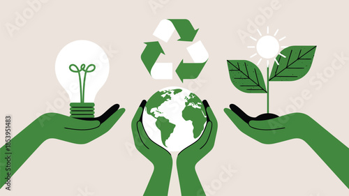 Three green hands holding a lightbulb, Earth, and a plant symbolizing environmental care