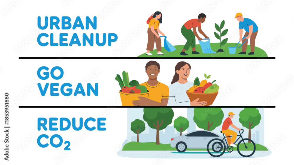 Fototapeta premium Visual guide illustrating sustainable practices like urban cleanup healthy vegan diet and lower carbon footprint