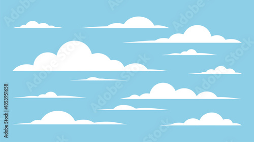 Various white stylized cartoon clouds float across a bright light blue sky background