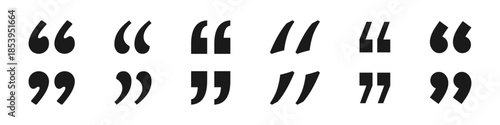 A collection of different styles of black quotation marks, showcasing diverse typographic designs. Vector illustration.