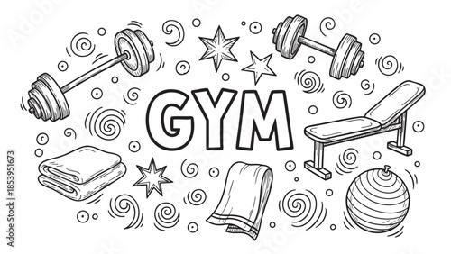 A hand-drawn sketch depicts gym equipment like dumbbells, a weight bench, and a ball, surrounded by decorative swirls and stars, suggesting fitness and exercise.
