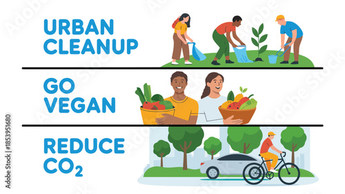 Visual guide illustrating sustainable practices like urban cleanup healthy vegan diet and lower carbon footprint