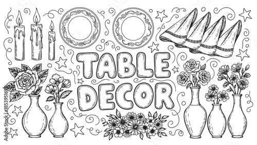 A collection of hand-drawn line art elements for table decor, featuring candles, vases with flowers, plates, and napkins, suitable for invitations or design projects.