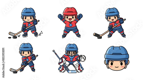A cartoon illustration of hockey players in various poses and uniforms