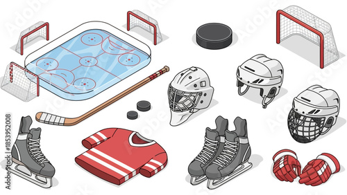 A collection of ice hockey equipment on a white background