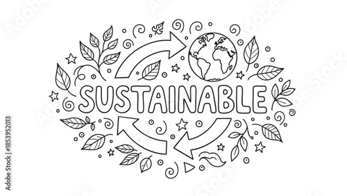 A hand-drawn black and white illustration with the word Sustainable at its center, surrounded by circular arrows, the Earth, leaves, stars, and swirls.
