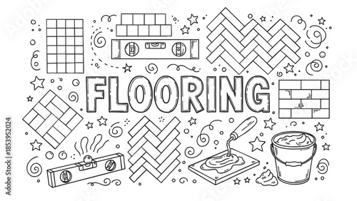 A whimsical black and white doodle illustration featuring various flooring materials, tools, and decorative elements, perfect for renovation or DIY projects.