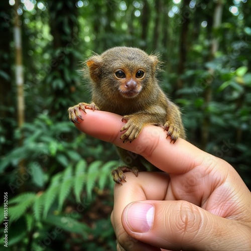 Tiny pygmy marmoset perched on a human finger against a softly blurred rainforest background, highlighting scale, cuteness, and photorealistic wildlife detail.