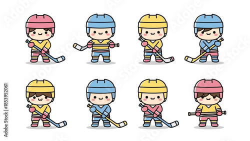 A group of cartoon children playing ice hockey with colorful equipment
