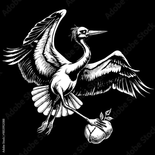 Flying stork carrying baby bundle silhouette, newborn delivery symbol, motherhood concept, pregnancy illustration, baby shower decoration, parenthood happiness, family celebration design.