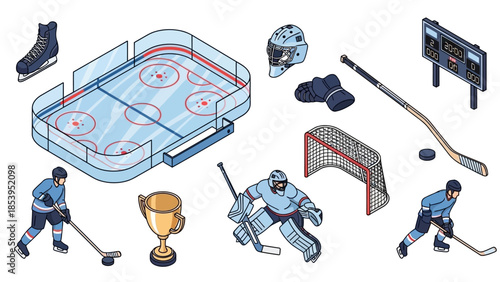 A collection of hockey equipment and players on a rink with a trophy