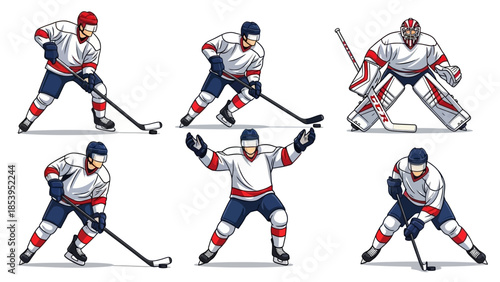 A group of hockey players in various poses on the ice rink