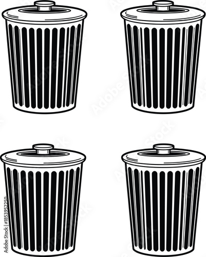 Trash Can Line Art Illustration – Black and White Minimalist Garbage Bin Icon Set for Waste Management and Recycling