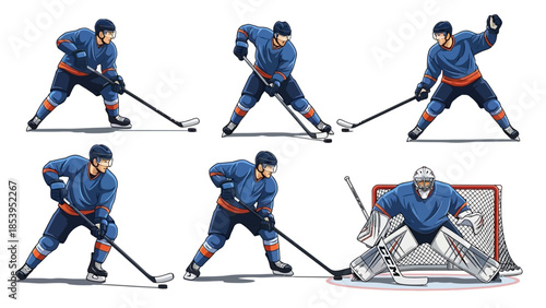 An illustration of a hockey player in various poses with a goalie