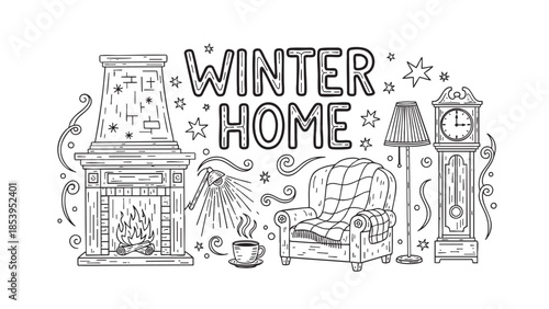 Hand-drawn illustration depicts a cozy winter scene with a fireplace, armchair with blanket, steaming cup of coffee, floor lamp, and grandfather clock, evoking warmth and comfort.