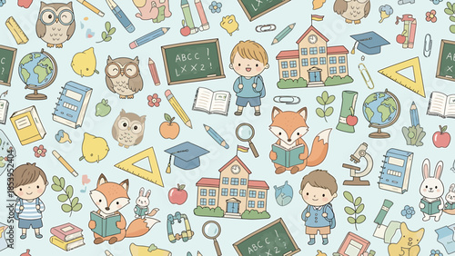 Cheerful and engaging seamless pattern featuring adorable students, educational tools, and school icons on a light blue background, perfect for children's designs and learning themes