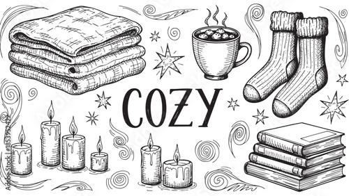 A charming hand-drawn illustration features elements of coziness, including stacked blankets, a steaming mug, candles, warm socks, and a stack of books, perfect for themes of relaxation and comfort.