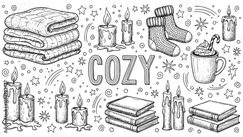 A charming hand-drawn illustration featuring cozy elements like stacked blankets, warm socks, melting candles, books, and a mug of hot chocolate on a white background.