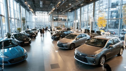 Modern and bright automotive dealership with many new cars on display, while potential customers and sales managers are walking around exploring the wide range of vehicles in the showroom