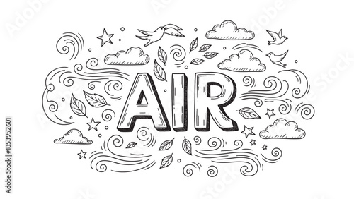 Hand-drawn illustration featuring the word AIR surrounded by whimsical elements like swirling lines, clouds, birds, leaves, and stars, evoking a sense of movement and freedom.