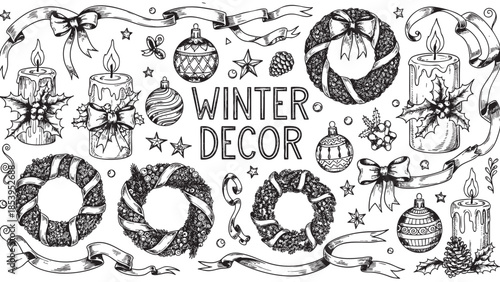A black and white sketch collection featuring various winter holiday decor elements like candles, wreaths, ornaments, and ribbons, perfect for festive invitations or greeting cards.