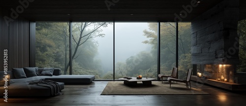Luxury modern heritage living room with floor to ceiling windows, dark wood limestone textures, minimalist furniture for high end real estate staging and interior design inspiration

