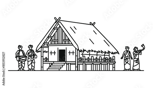 Traditional african thatched roof house with family members