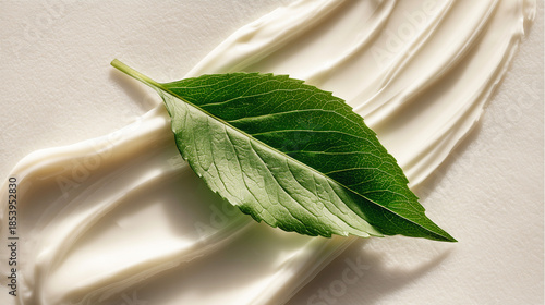 緑の葉と滑らかな白いクリームのテクスチャー背景素材