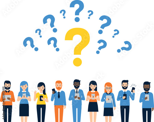 People Asking Questions Flat Illustration Featuring Diverse Characters, Question Marks, Confusion, Curiosity, Problem Solving and Decision Making Concept