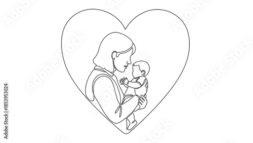 Continuous line art drawing of a mother holding her baby within a heart shape, symbolizing love and maternal bond.