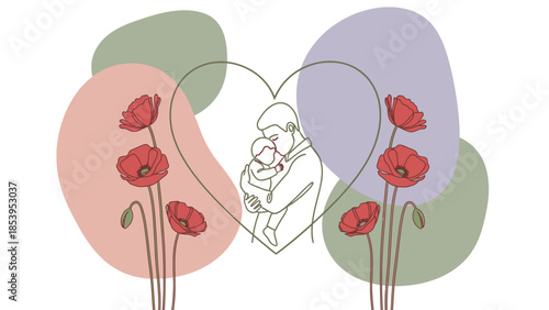 Line art illustration of a parent embracing a baby within a heart, surrounded by red poppies and abstract pastel shapes.