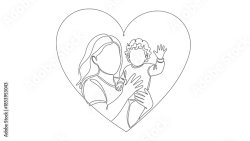 A continuous line art drawing of a mother holding her baby, enclosed within a heart shape, symbolizing love and family bond.
