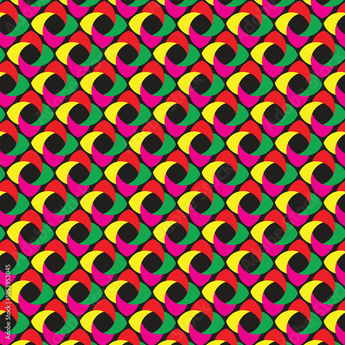 This vibrant, abstract image showcases a seamless geometric pattern. The design consists of interlocking curved shapes arranged in a repeating grid. Each unit resembles a stylized pinwheel or four-pet
