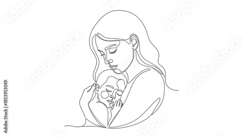 Minimalist continuous line art drawing depicting a mother tenderly embracing her sleeping child, symbolizing maternal love and care.