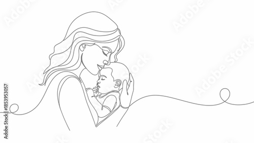 Continuous line art drawing of a mother tenderly holding and kissing her newborn baby, symbolizing maternal love and care.