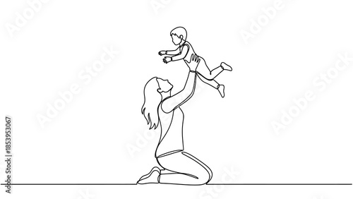Continuous line drawing of a mother kneeling and joyfully lifting her baby into the air, depicting a moment of pure happiness.