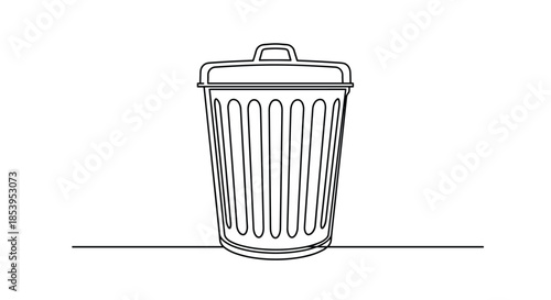 Minimalist continuous line drawing of a traditional metal trash can with a lid and vertical ridges standing on a simple floor line.