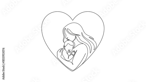 Continuous line art drawing of a loving mother embracing her newborn baby inside a heart shape, symbolizing maternal love and family bond.