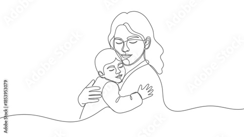 A continuous line art drawing depicting a mother tenderly embracing her sleeping baby, symbolizing love and maternal bond.